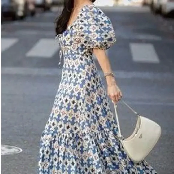 Zara Moroccan tile printed blue dress with balloon sleeves -XL - Picture 6 of 7